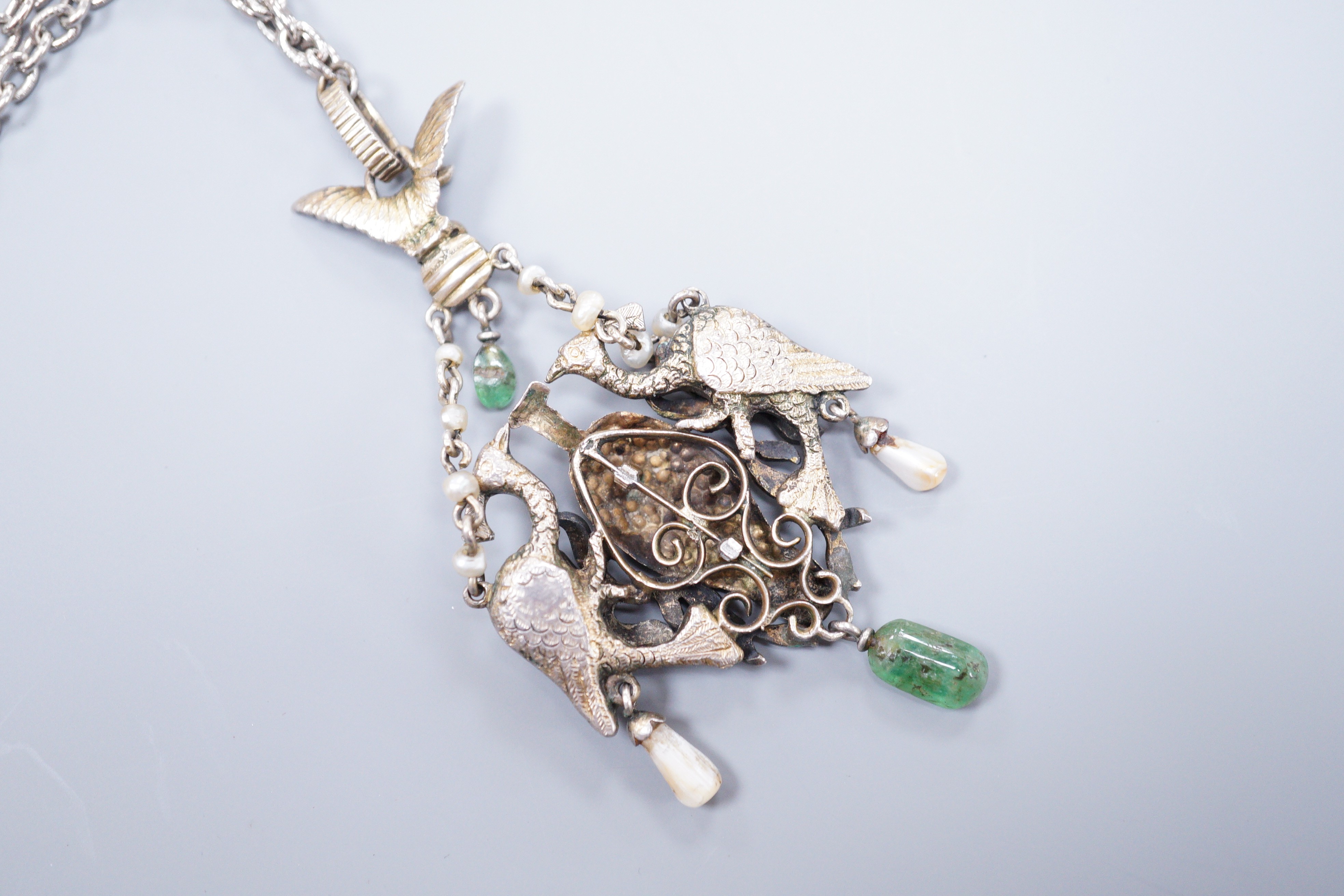 An Austro-Hungarian style enamelled and gem set white metal pendant, 8.5cm, on later chain